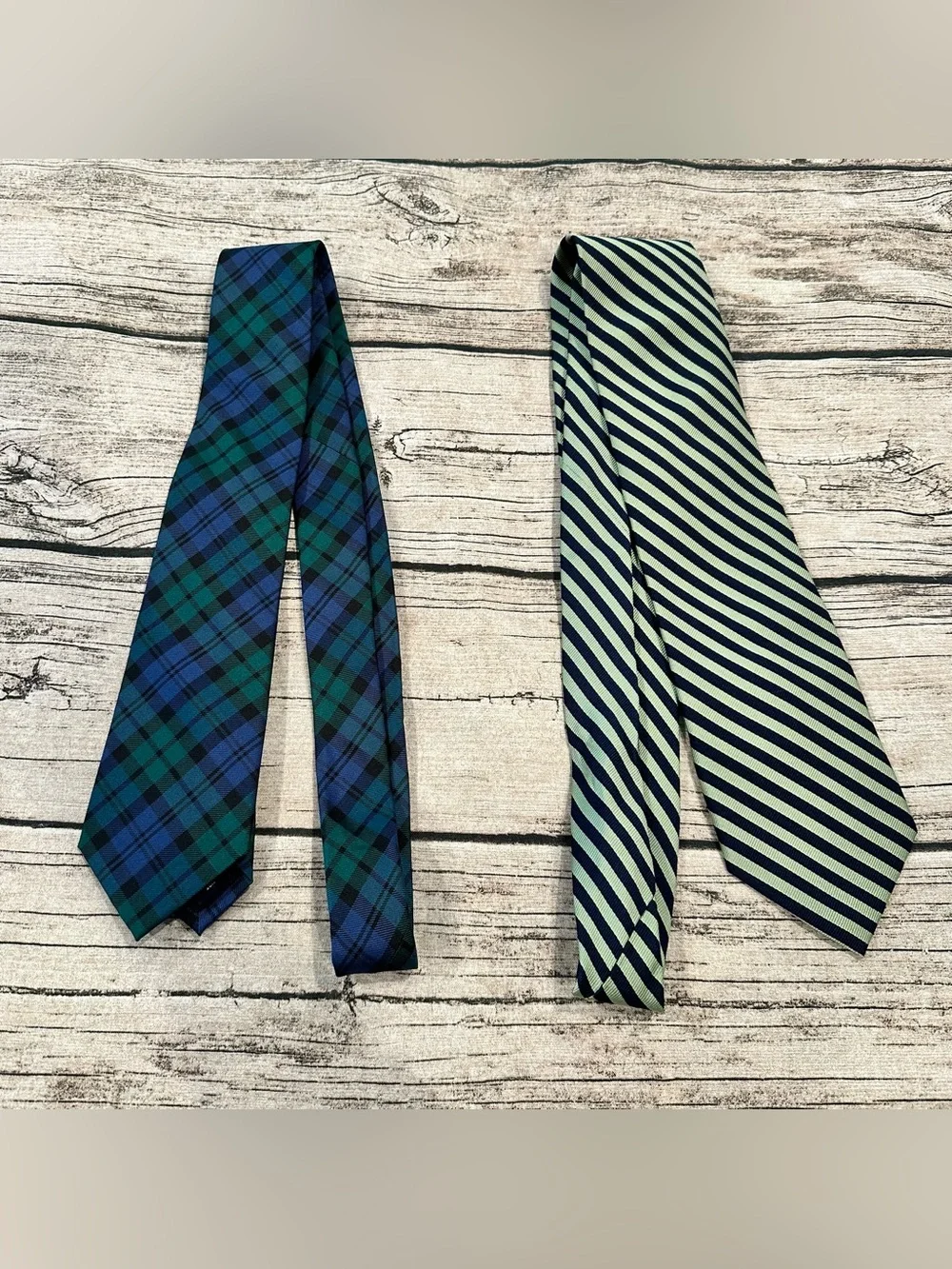 Lot of 2 Men’s Ties: Jos. A. Bank Navy and Light Green Striped, Lands’ End Plaid